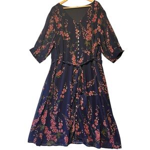 eShakti Wayward Fancies Women's 2X Navy Floral Long Sleeve Dress Feminine